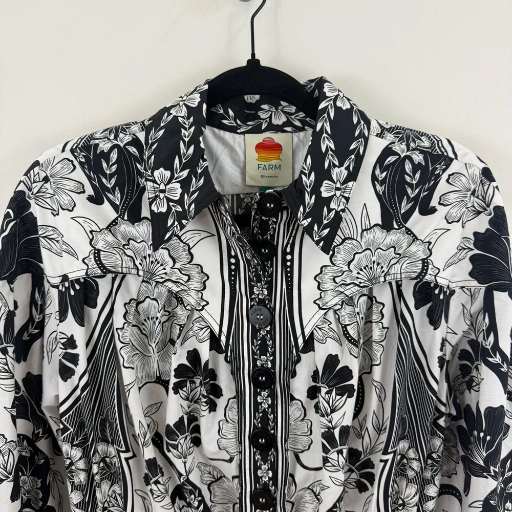 NWT FARM Rio Black and White Floral Midi Shirt Dress - Picture 7 of 15